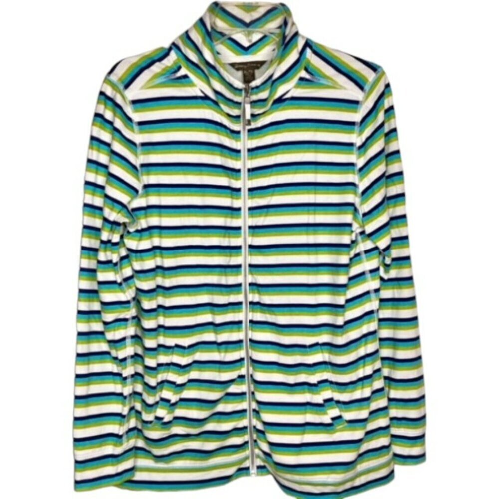 Tommy Bahama Striped Full Zip High Neck Jacket - Blue/Aqua/Green/White - XL